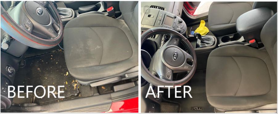 Before and after photo of driver seat area after car detailing in Middletown, OH